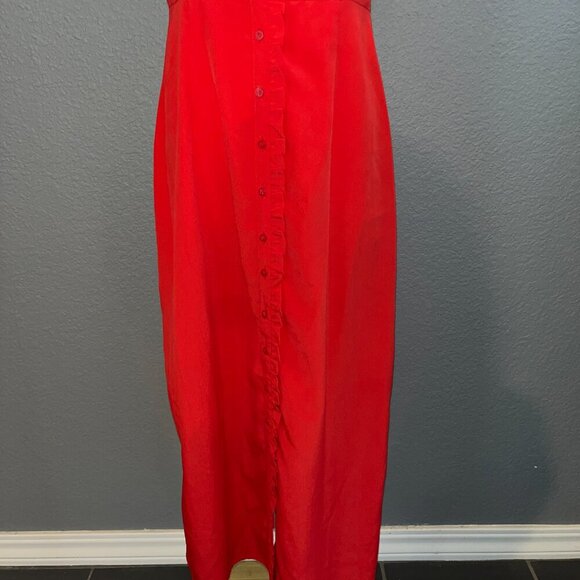 TOPSHOP RED BUTTON UP MAXI DRESS - RUFFLE TRIM - SPAGHETTI STRAPS - EUC - SIZE 6 - Picture 4 of 12